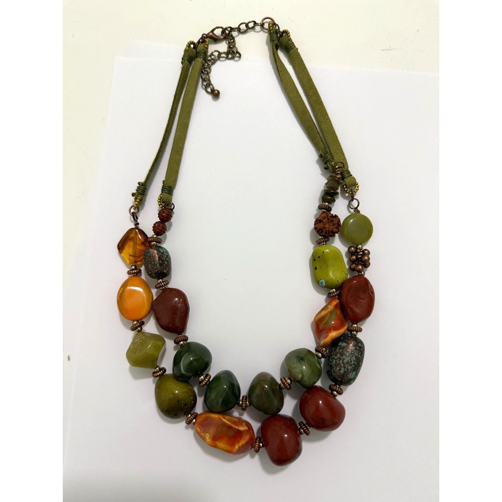 Multicolor Stone Design Strand Necklace With Green Leather Rope Adjustable